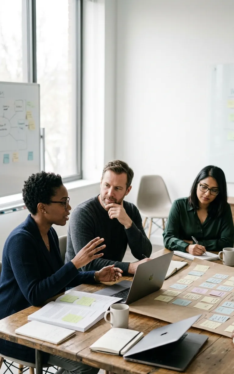 Three consultants in a focused strategy session around a table with laptops and sticky-note frameworks