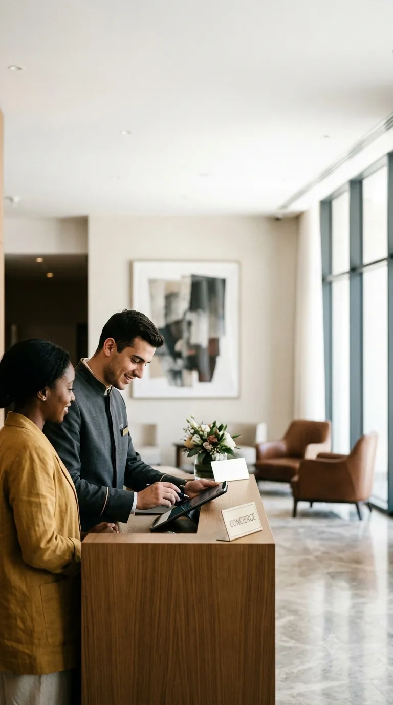 A hotel concierge and front-desk colleague reviewing arrivals together at the reception counter