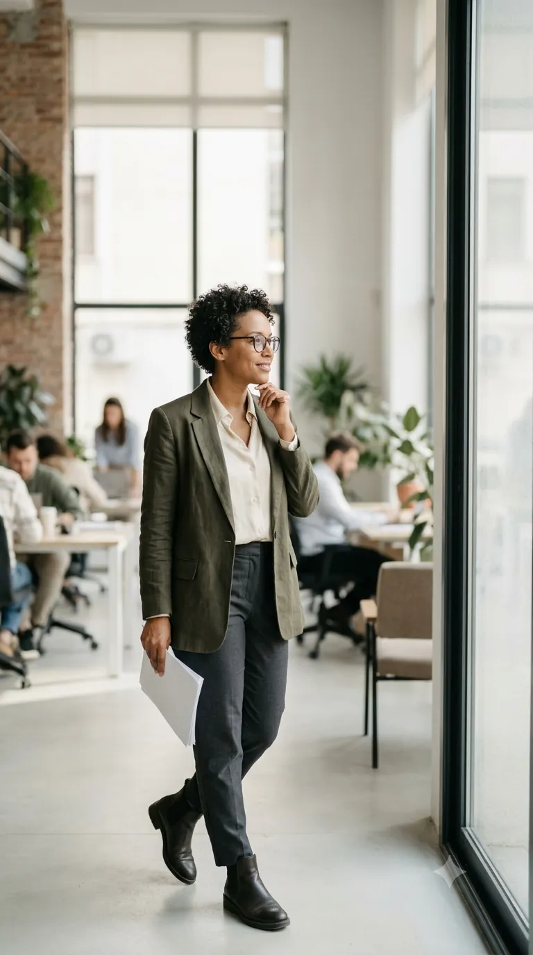 A mid-career professional pausing in a bright open-plan office, looking toward the window