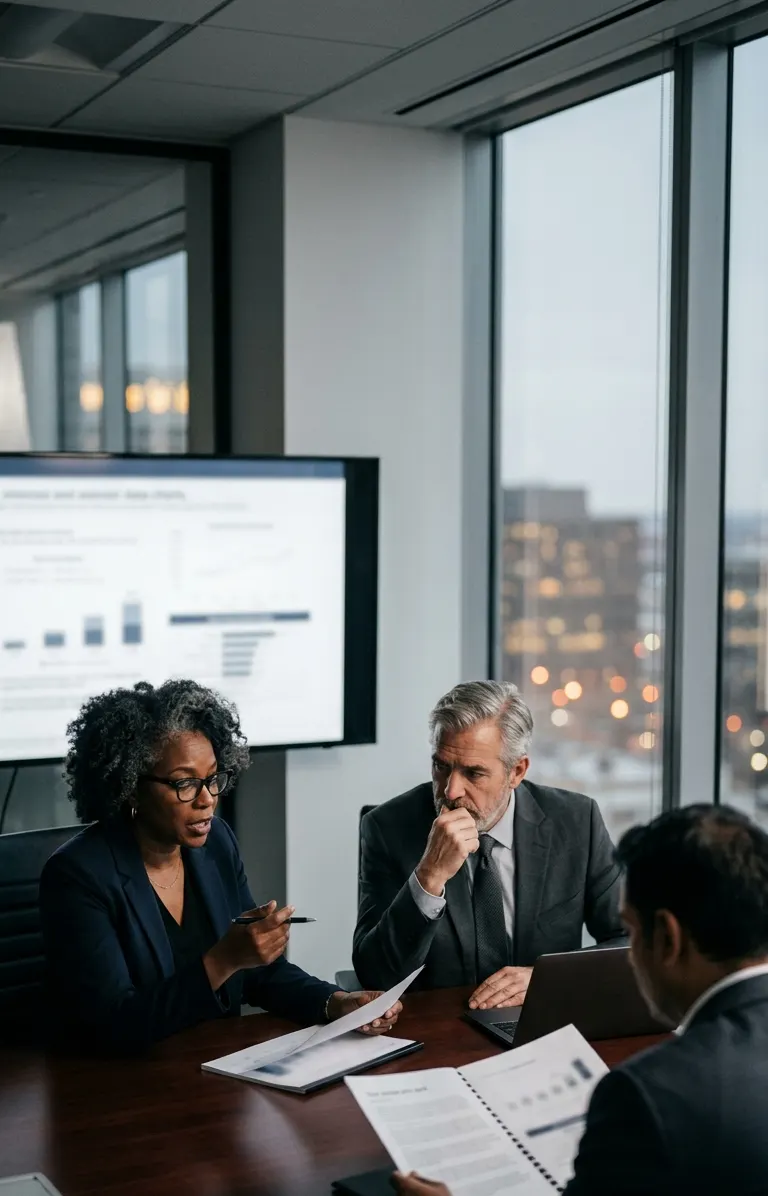 A private equity leadership team reviewing a value-creation plan in a boardroom