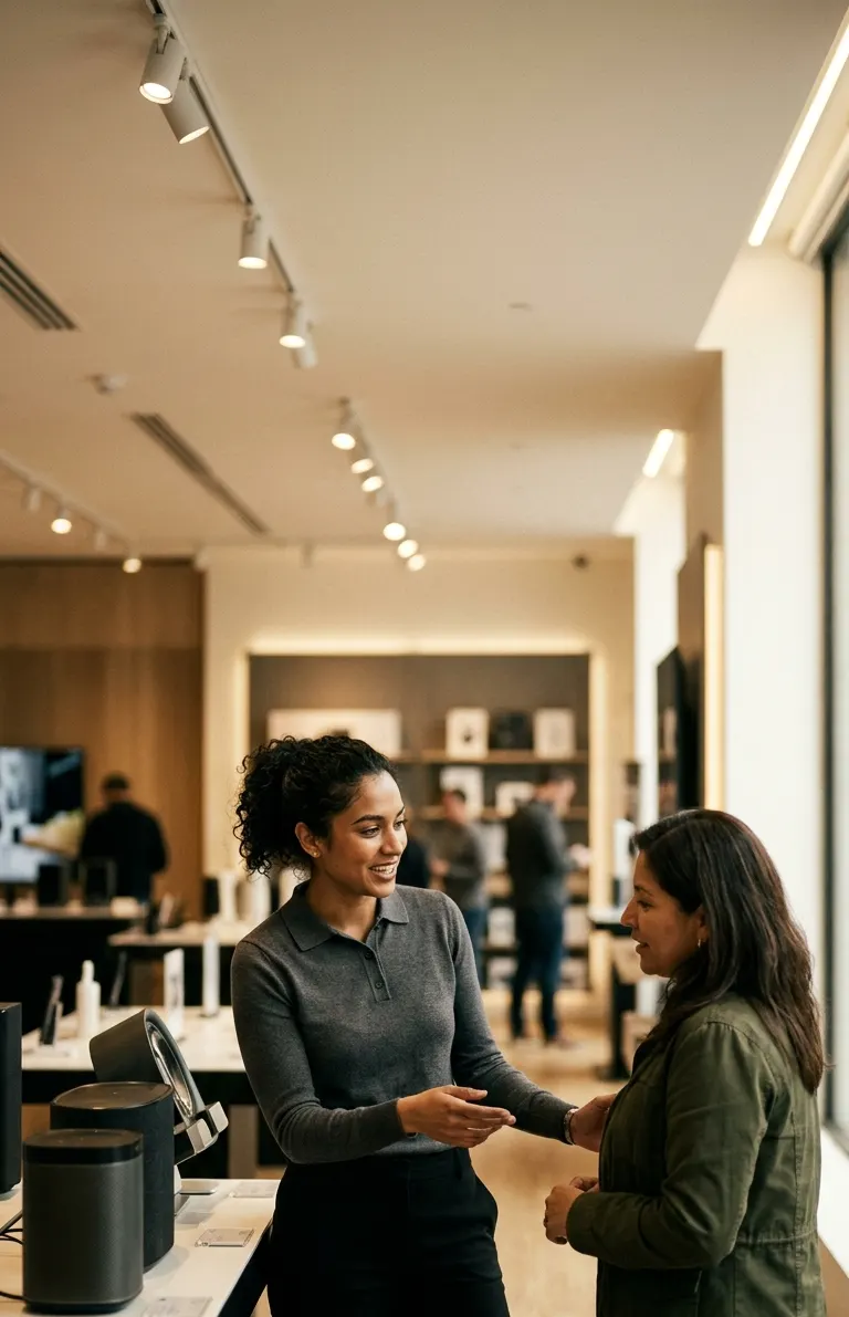A retail sales associate helping a customer with a product on a specialty electronics floor