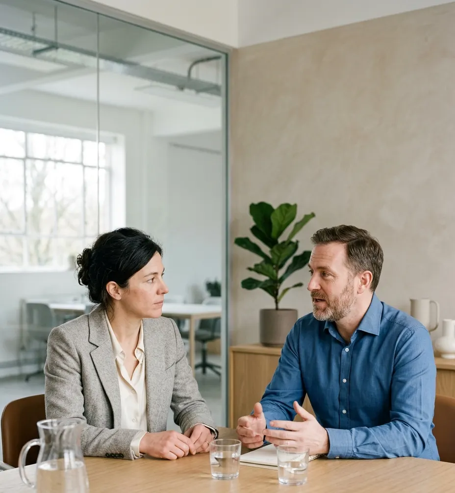 Two colleagues in a focused one-on-one conversation across a table in a modern office